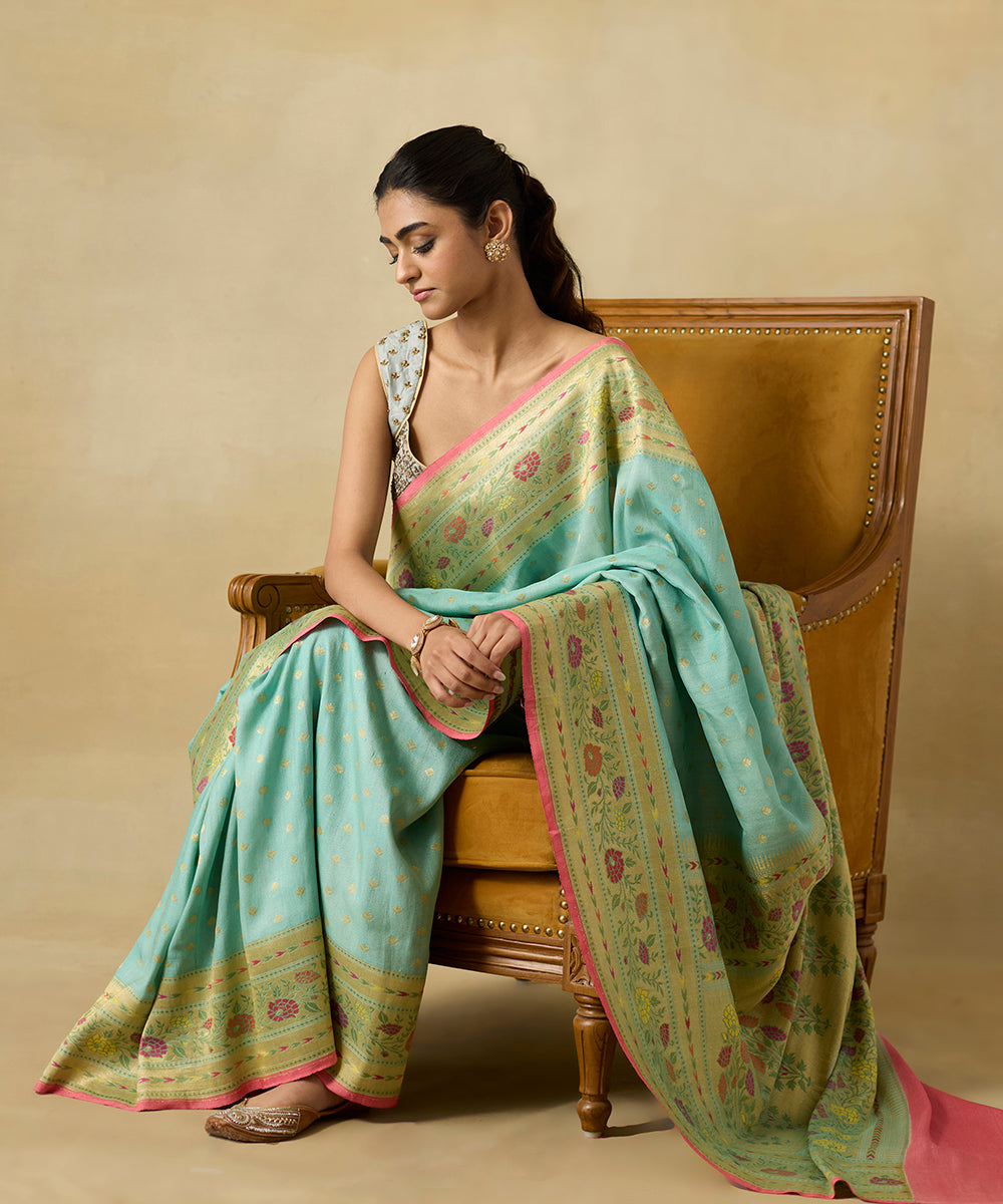 Handloom_Powder_Blue_And_Pink_Pure_Tussar_Georgette_Banarasi_Saree_With_Meenakari_Border_WeaverStory_02