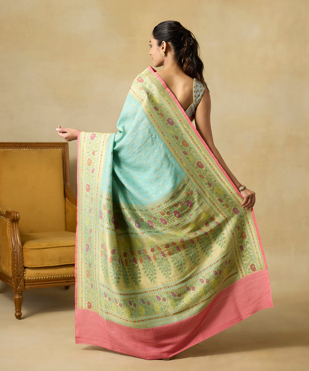 Handloom_Powder_Blue_And_Pink_Pure_Tussar_Georgette_Banarasi_Saree_With_Meenakari_Border_WeaverStory_03
