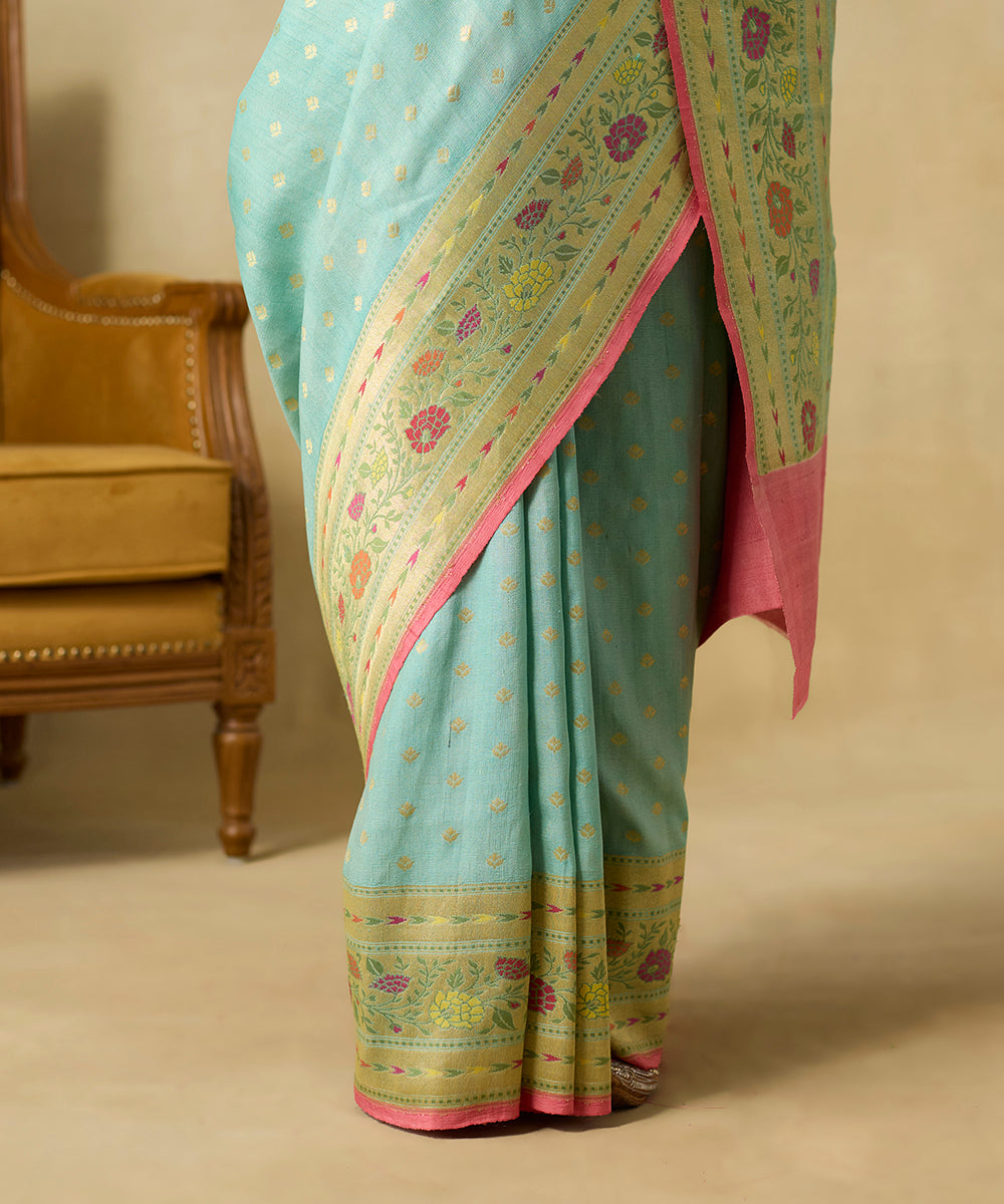 Handloom_Powder_Blue_And_Pink_Pure_Tussar_Georgette_Banarasi_Saree_With_Meenakari_Border_WeaverStory_04