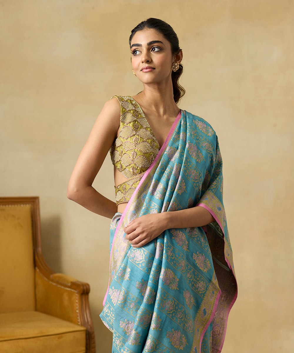 Pigeon_Blue_Handloom_Pure_Tussar_Georgette_Banarasi_Saree_With_Meenakari_Flowers_WeaverStory_02