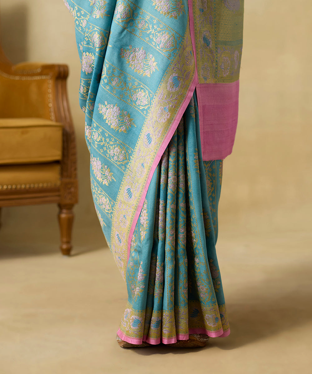 Pigeon_Blue_Handloom_Pure_Tussar_Georgette_Banarasi_Saree_With_Meenakari_Flowers_WeaverStory_04