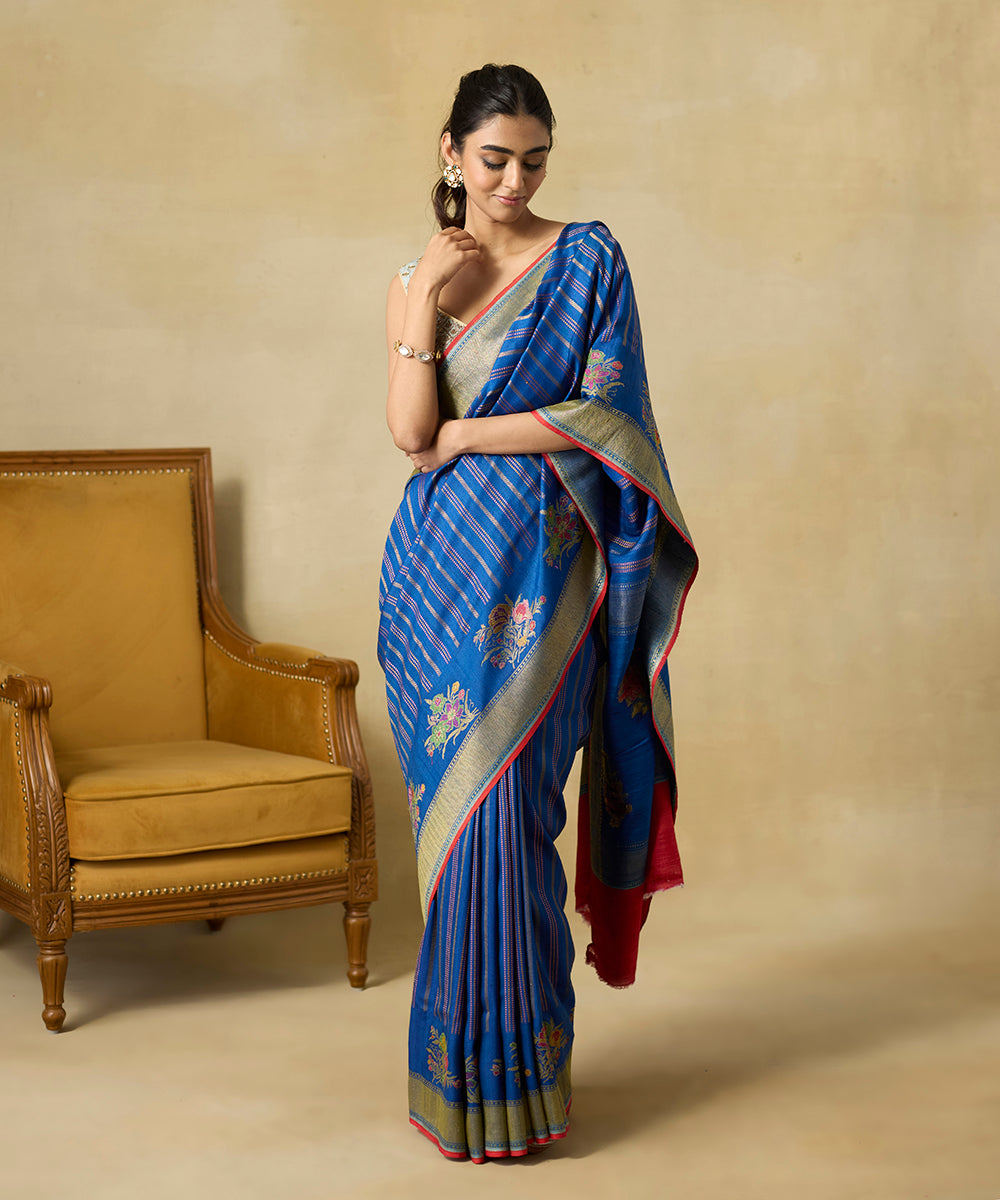 Handloom_Blue_Pure_Tussar_Georgette_Banarsai_Saree_With_Vertical_Stripes_And_Kadhwa_Floral_Boota_WeaverStory_01