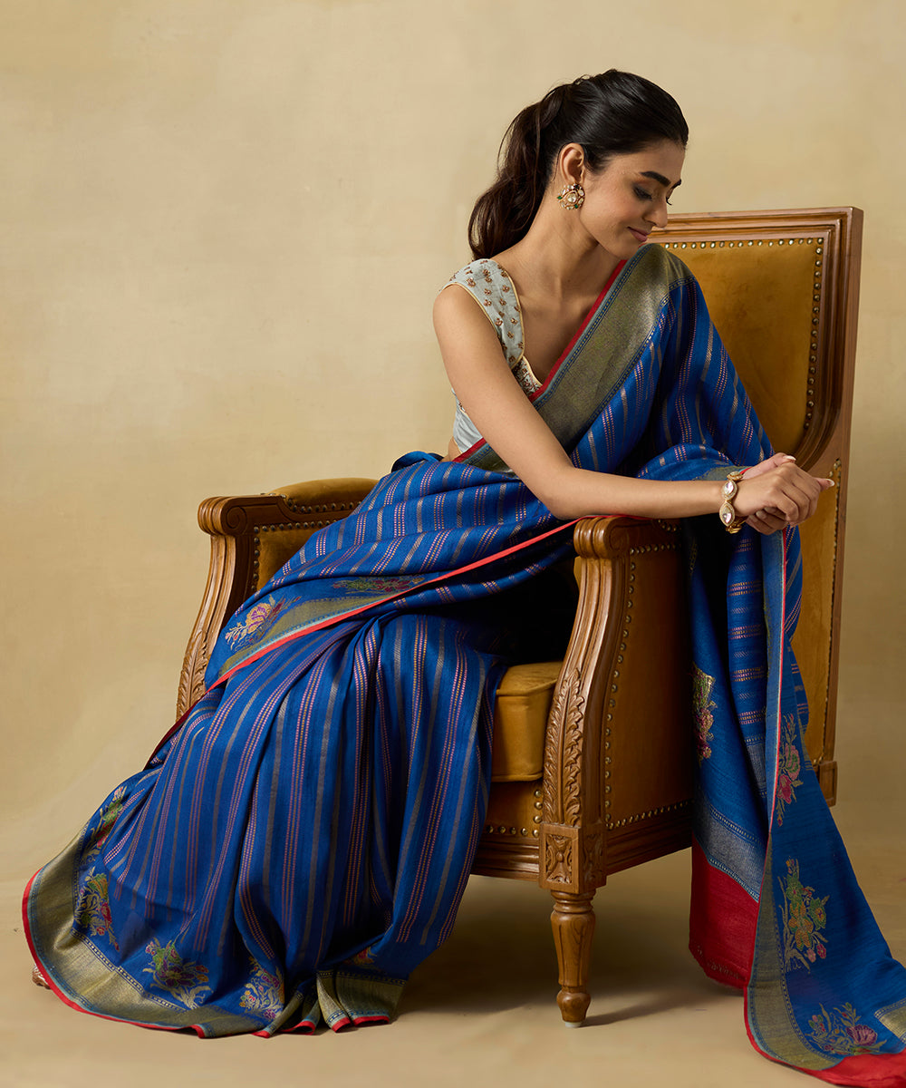 Handloom_Blue_Pure_Tussar_Georgette_Banarsai_Saree_With_Vertical_Stripes_And_Kadhwa_Floral_Boota_WeaverStory_02