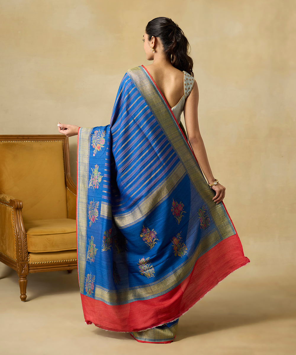 Handloom_Blue_Pure_Tussar_Georgette_Banarsai_Saree_With_Vertical_Stripes_And_Kadhwa_Floral_Boota_WeaverStory_03