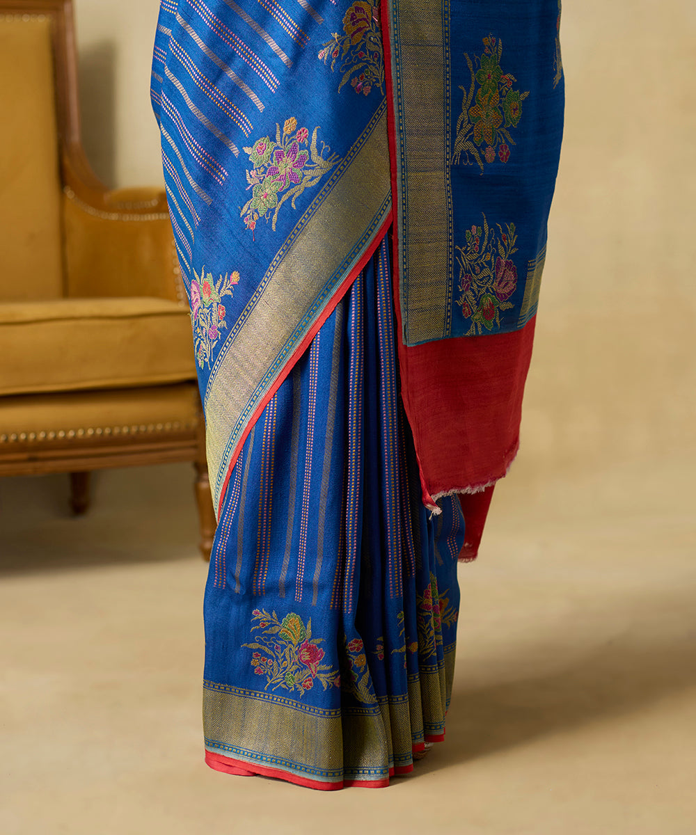 Handloom_Blue_Pure_Tussar_Georgette_Banarsai_Saree_With_Vertical_Stripes_And_Kadhwa_Floral_Boota_WeaverStory_04