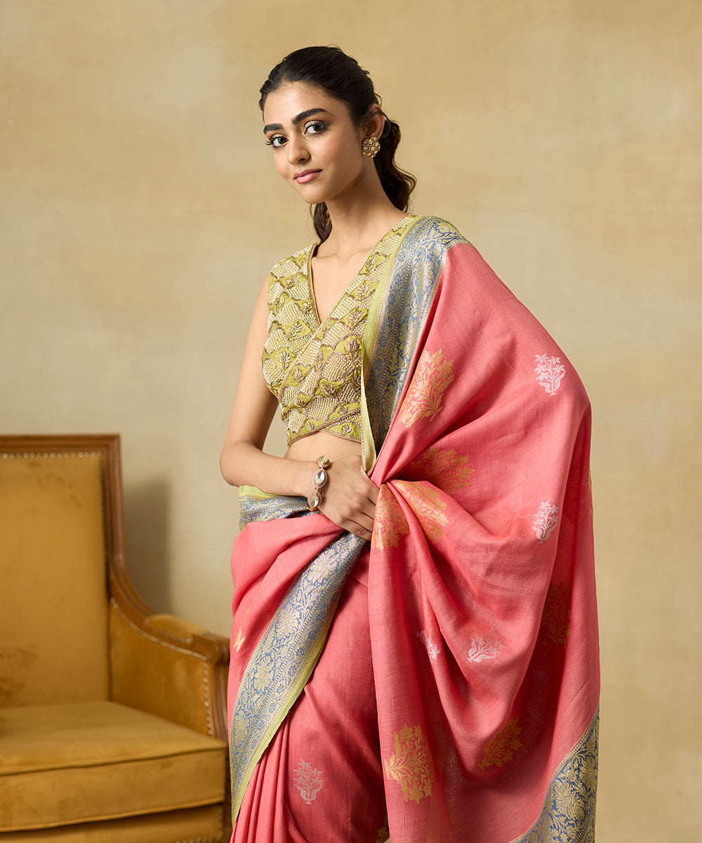 Coral_Pink_Pure_Tussar_Georgette_Banarasi_Handloom_Saree_With_Grey_Border_WeaverStory_02