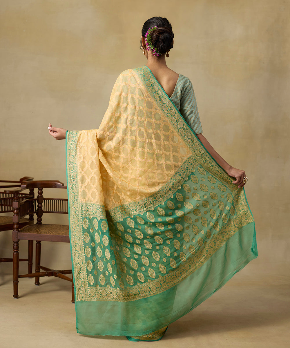 Beige_And_Green_Double_Shaded_Handloom_Georgette_Banarasi_Saree_With_Jaal_WeaverStory_03