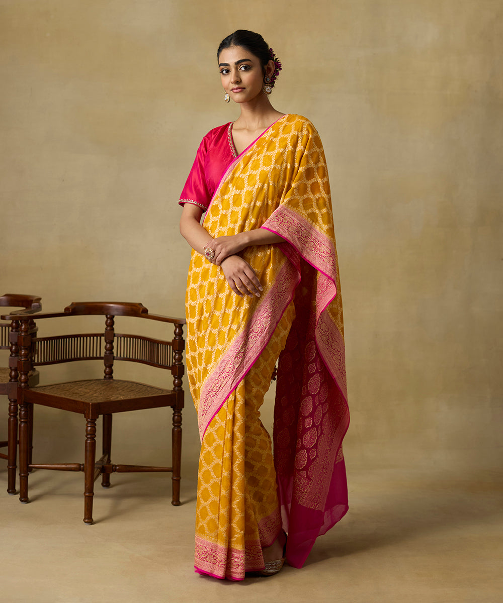 Mustard_And_Rani_Pink_Double_Shaded_Handloom_Banarasi_Georgette_Saree_WeaverStory_01