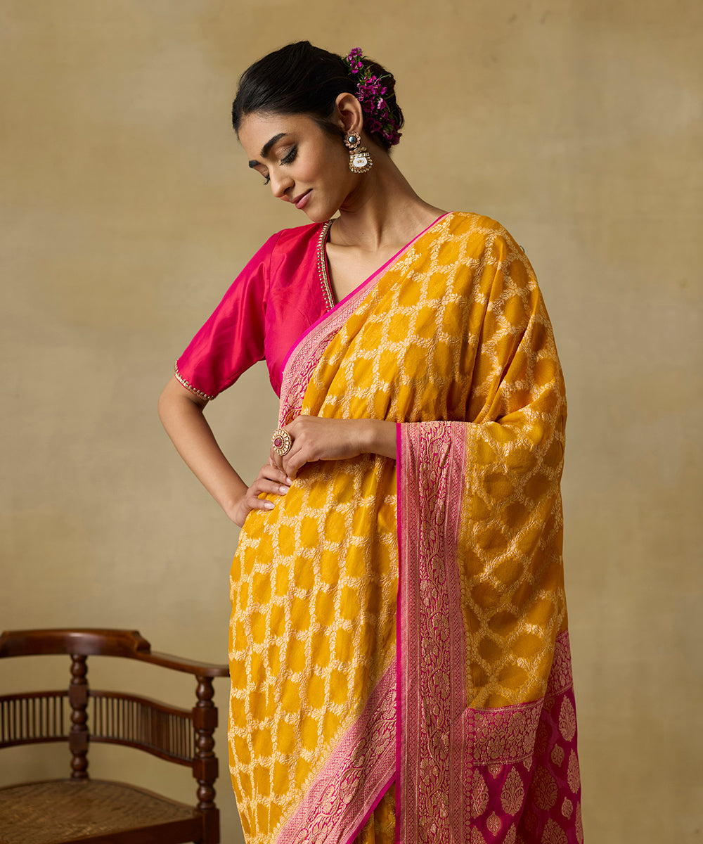 Mustard_And_Rani_Pink_Double_Shaded_Handloom_Banarasi_Georgette_Saree_WeaverStory_02