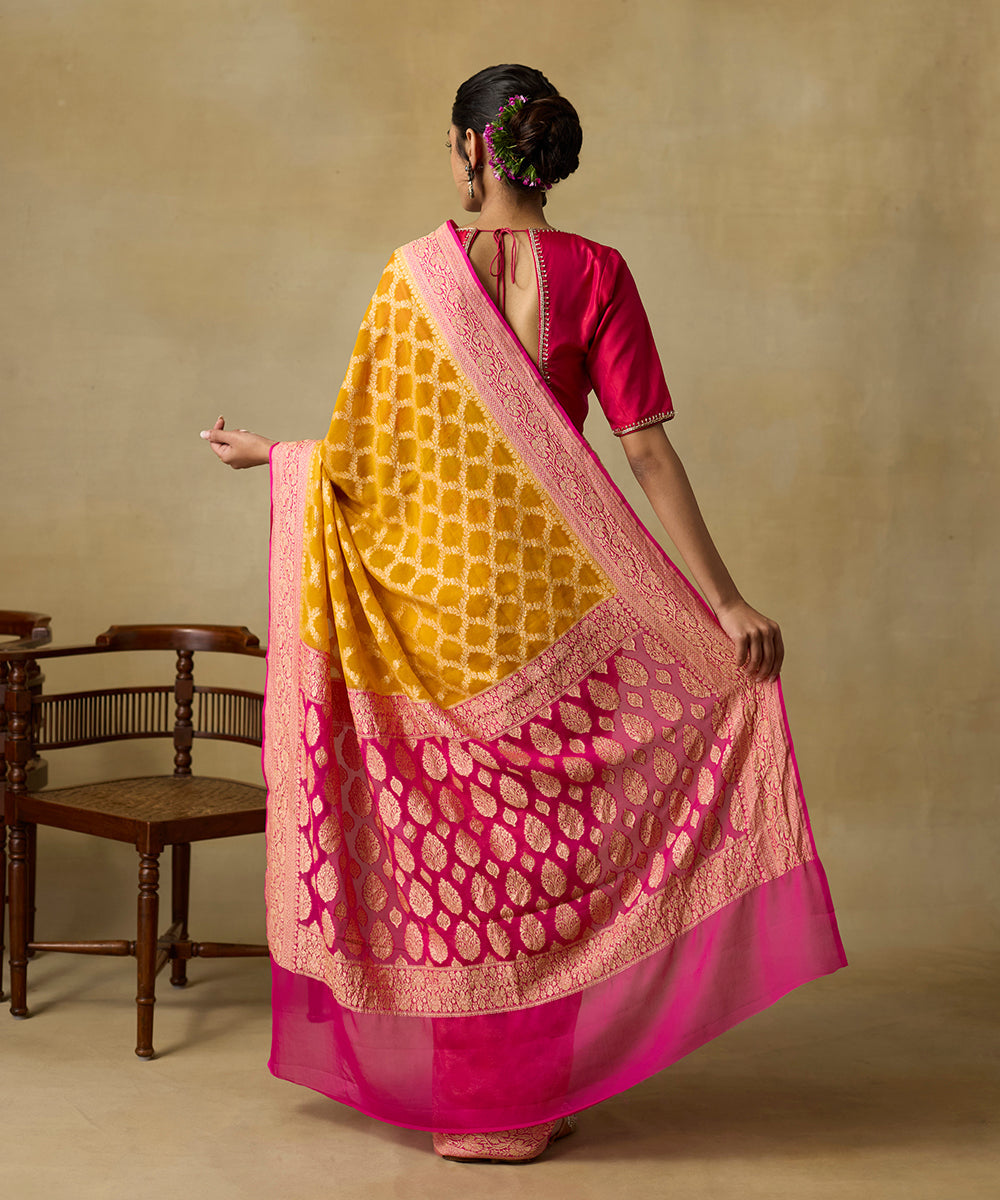Mustard_And_Rani_Pink_Double_Shaded_Handloom_Banarasi_Georgette_Saree_WeaverStory_03