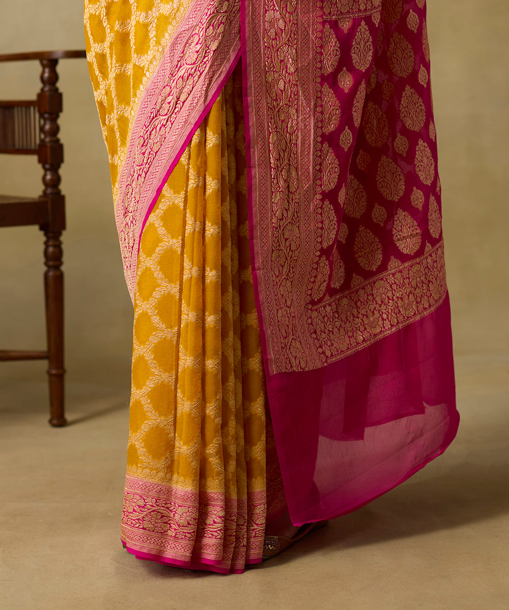 Mustard_And_Rani_Pink_Double_Shaded_Handloom_Banarasi_Georgette_Saree_WeaverStory_04