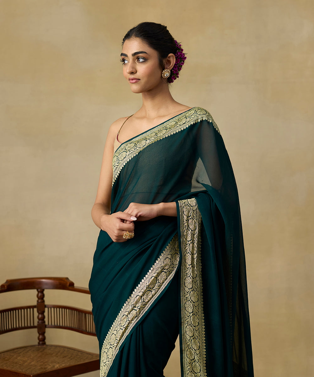 Bottle_Green_Handloom_Pure_Georgette_Banarasi_Saree_With_Floral_Border_WeaverStory_02