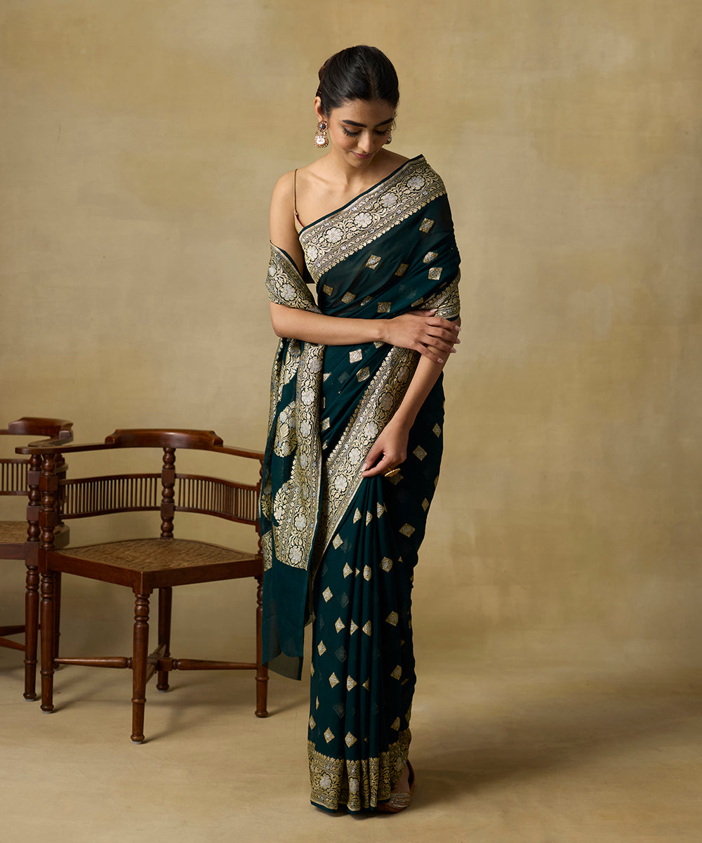 Bottle_Green_Handloom_Pure_Georgette_Banarasi_Saree_With_Zari_Booti_WeaverStory_01