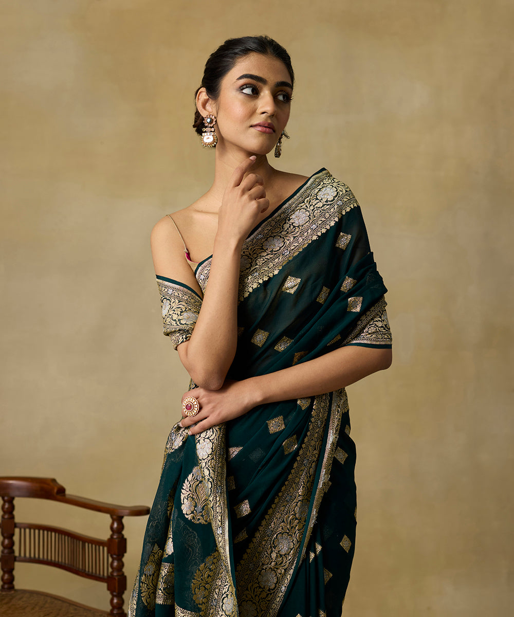 Bottle_Green_Handloom_Pure_Georgette_Banarasi_Saree_With_Zari_Booti_WeaverStory_02