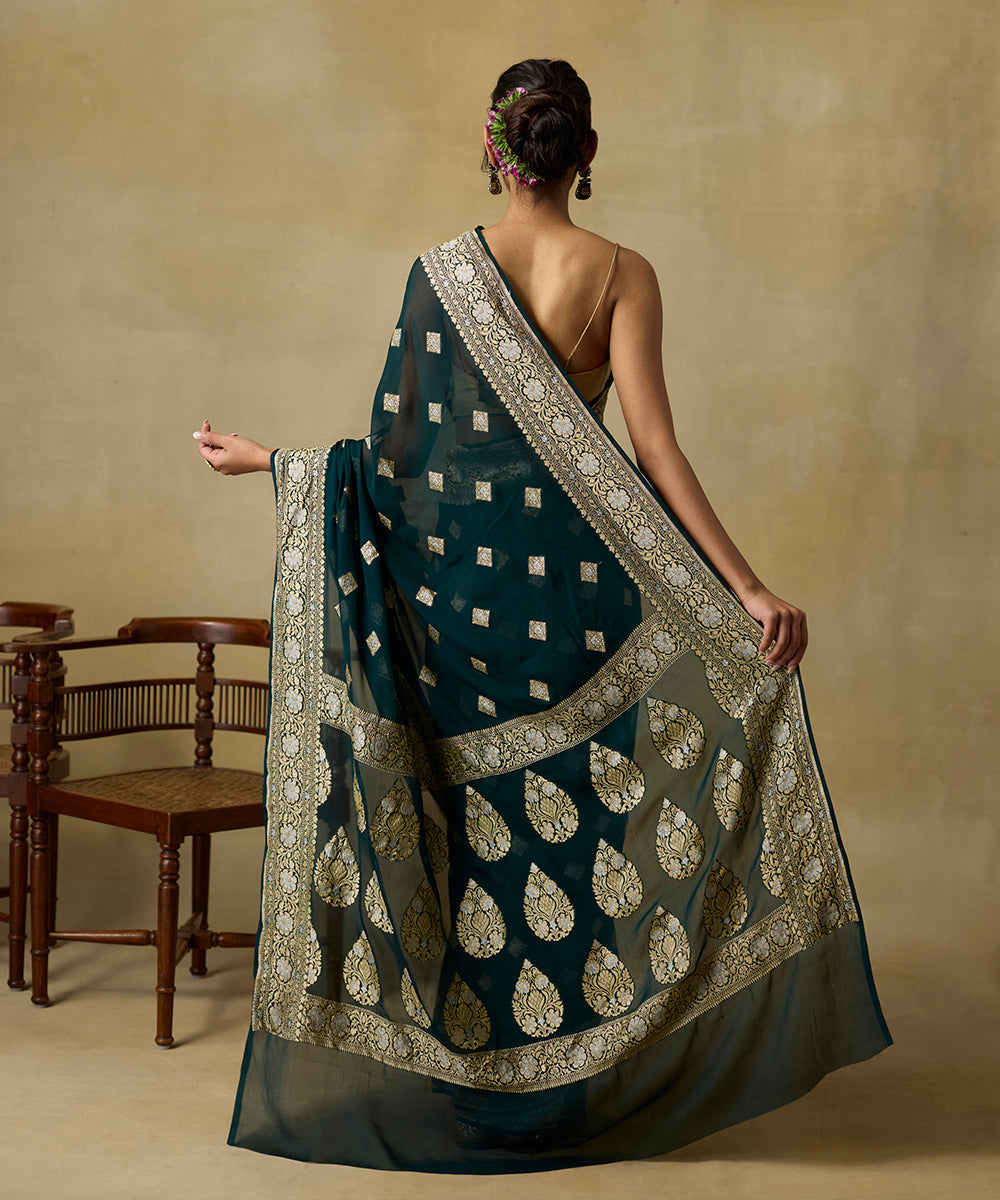 Bottle_Green_Handloom_Pure_Georgette_Banarasi_Saree_With_Zari_Booti_WeaverStory_03