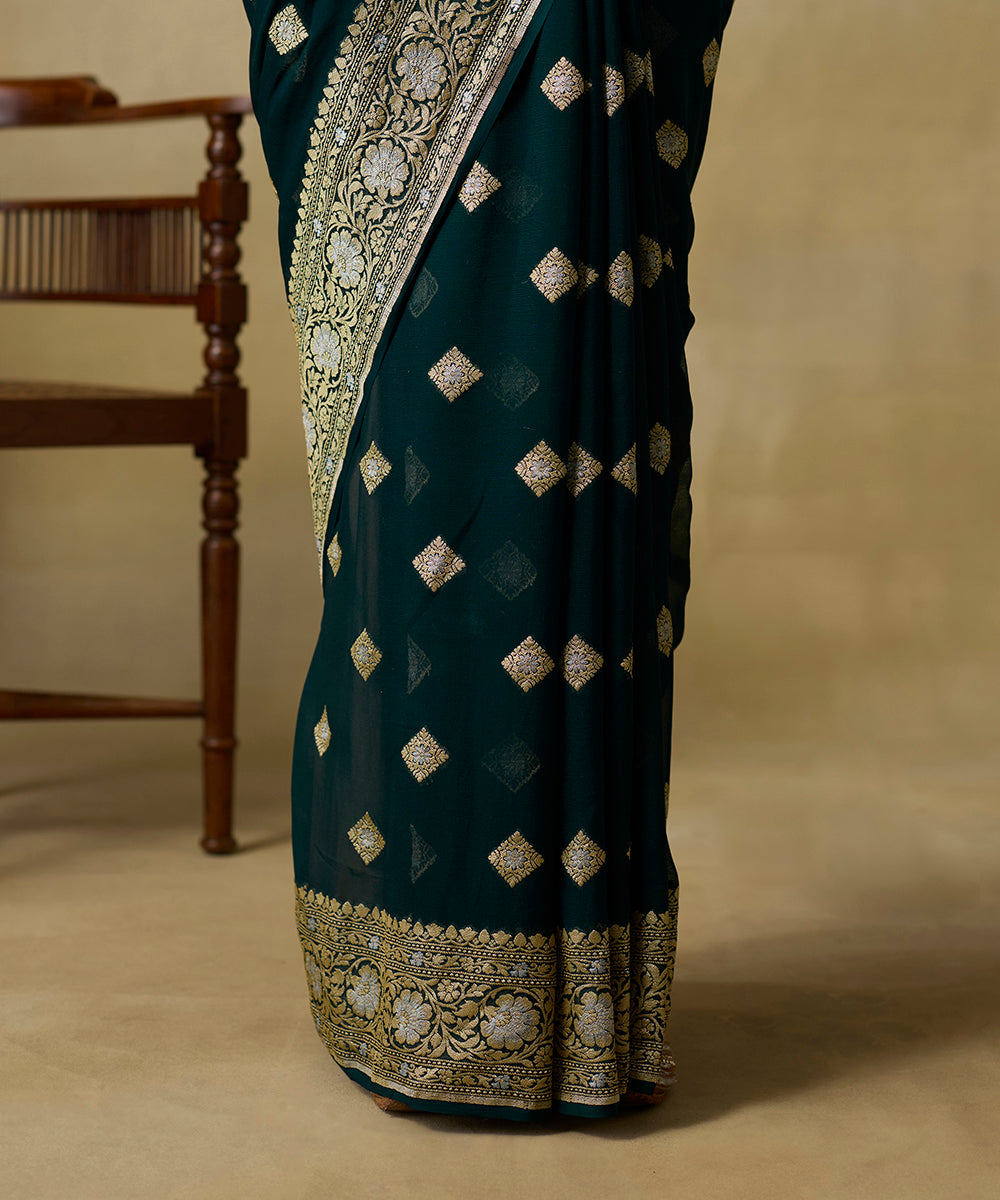 Bottle_Green_Handloom_Pure_Georgette_Banarasi_Saree_With_Zari_Booti_WeaverStory_04
