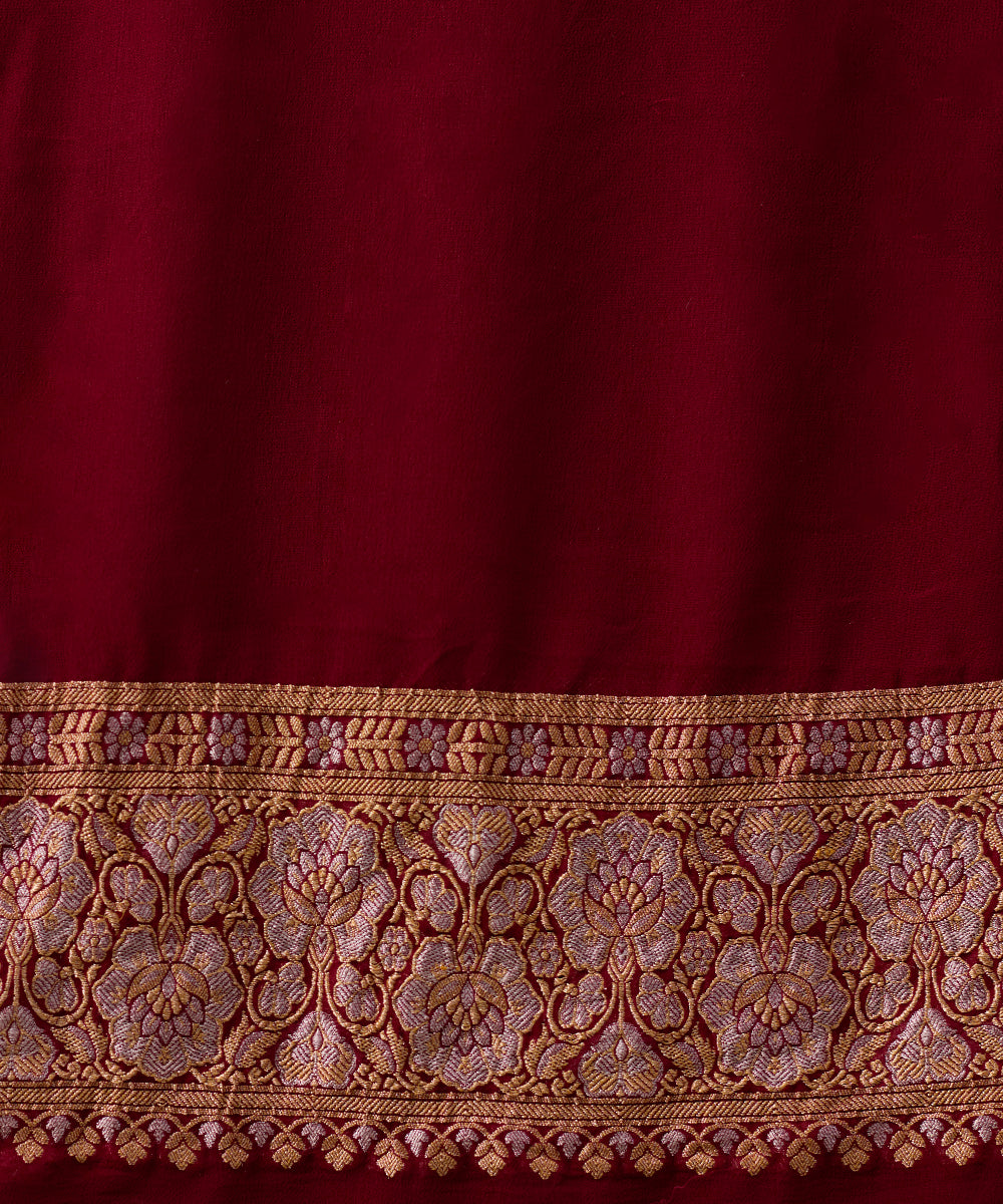 Red_Handloom_Pure_Georgette_Banarasi_Saree_With_Maroon_Border_And_Zari_Jaal_WeaverStory_05