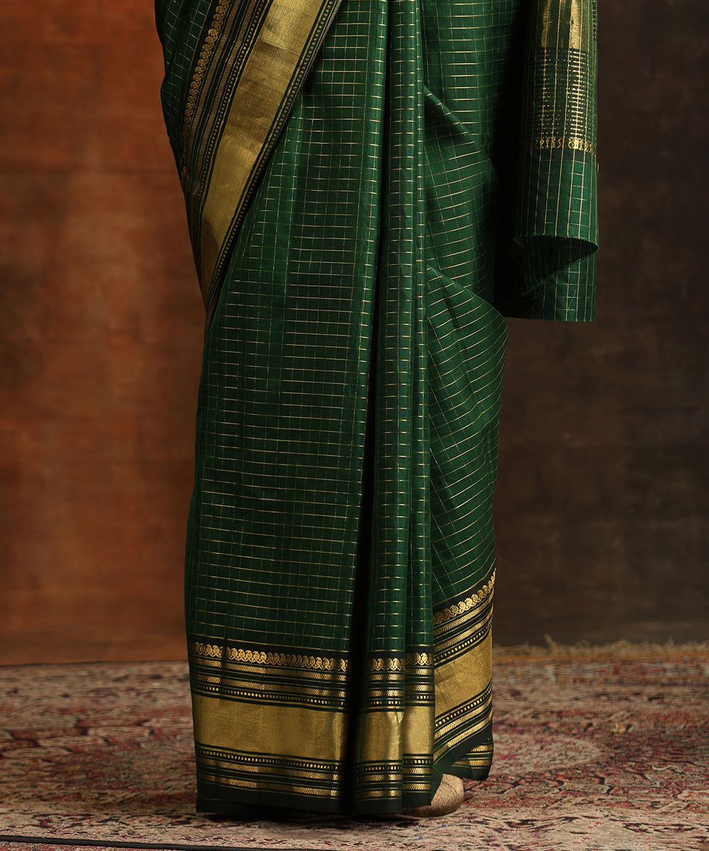 Bottle_Green_Handloom_Pure_Silk_Venkatagiri_Revival_Revival_Saree_With_Zari_Checks_And_Petu_Border_WeaverStory_04