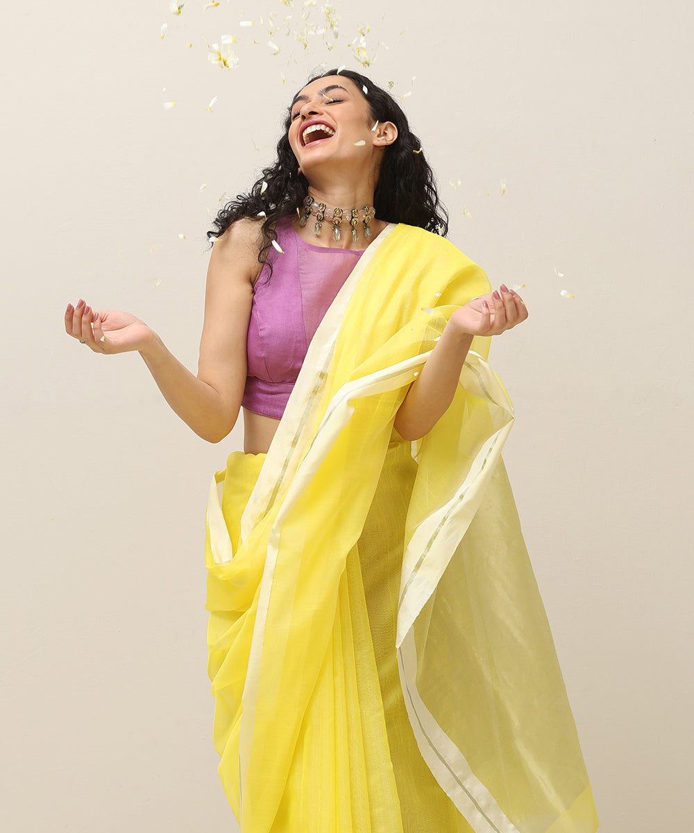 Handloom_Yellow_Plain_Pure_Cotton_Chanderi_Saree_With_White_Border_WeaverStory_01