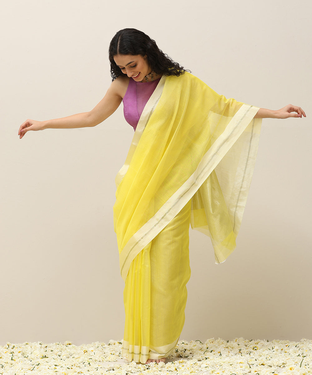 Handloom_Yellow_Plain_Pure_Cotton_Chanderi_Saree_With_White_Border_WeaverStory_02