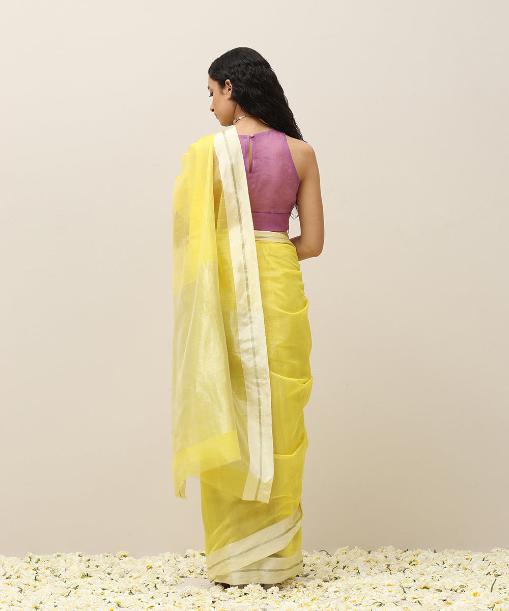 Handloom_Yellow_Plain_Pure_Cotton_Chanderi_Saree_With_White_Border_WeaverStory_03