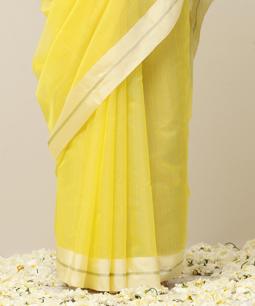 Handloom_Yellow_Plain_Pure_Cotton_Chanderi_Saree_With_White_Border_WeaverStory_04