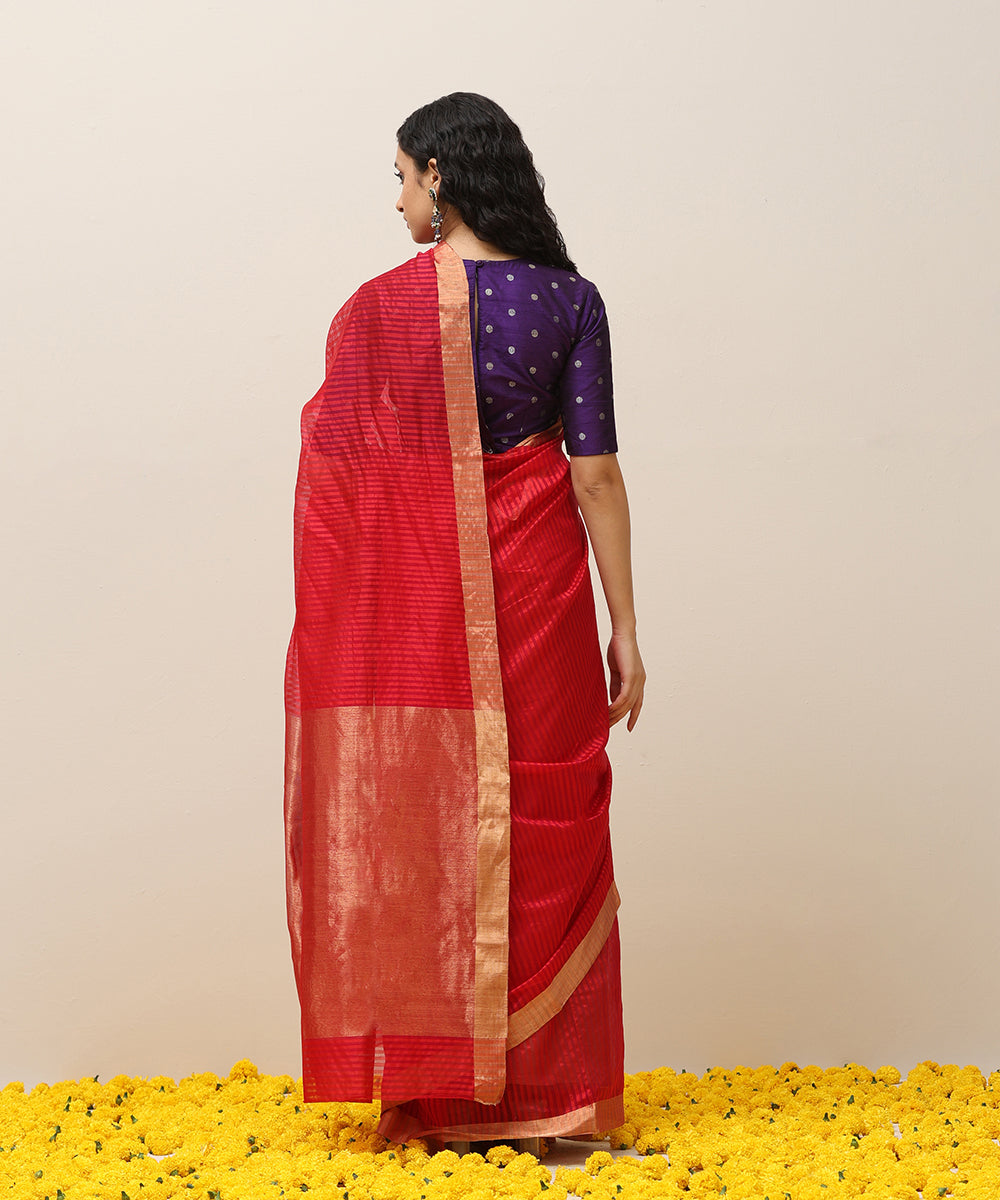 Red_Handloom_Pure_Cotton_Silk_Chanderi_Saree_With_Stripes_And_Golden_Border_WeaverStory_03