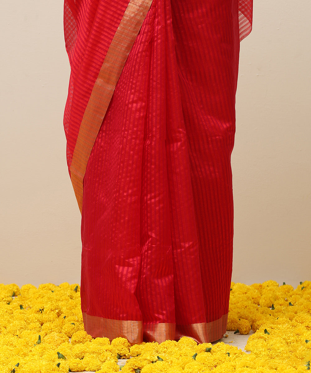 Red_Handloom_Pure_Cotton_Silk_Chanderi_Saree_With_Stripes_And_Golden_Border_WeaverStory_04
