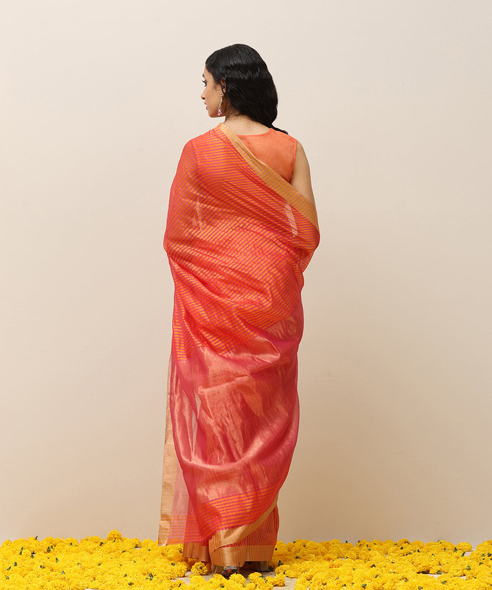 Handloom_Orange_And_Pink_Stripe_Pure_Cotton_Silk_Chanderi_Saree_With_Golden_Border_WeaverStory_03