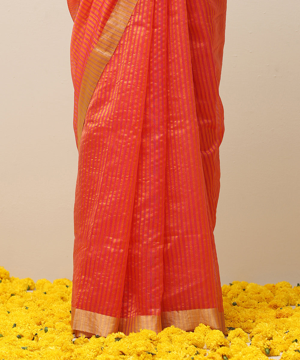 Handloom_Orange_And_Pink_Stripe_Pure_Cotton_Silk_Chanderi_Saree_With_Golden_Border_WeaverStory_04
