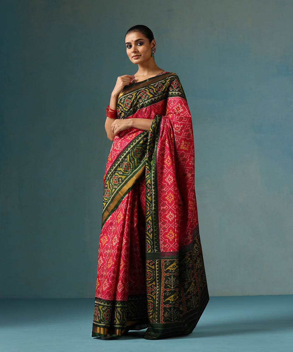 Hot_Pink_Handloom_Pure_Mulberry_Silk_Ikat_Patola_Saree_With_Green_Border_And_Palla_WeaverStory_02
