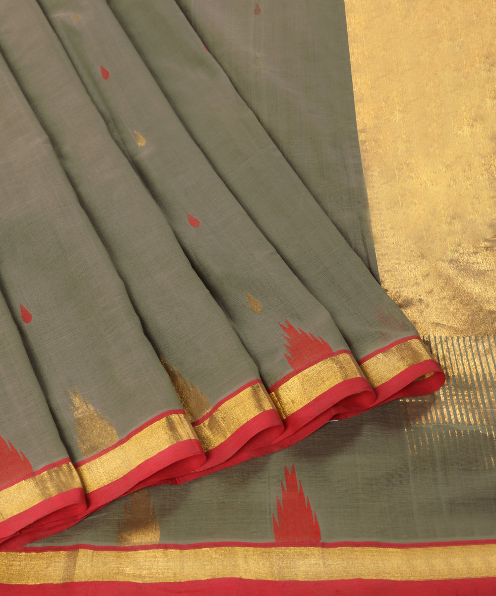 Handloom_Olive_Green_Pure_Cotton_Silk_Venkatagiri_Revival_Saree_With_Temple_Motif_WeaverStory_01