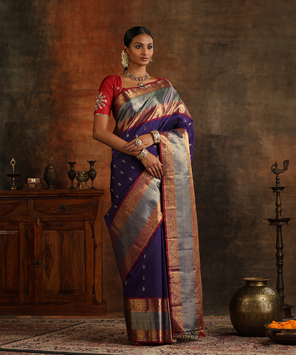 Handloom_Dark_Purple_Pure_Silk_Kanjivaram_Saree_With_Wine_Vanasingram_Border_And_Pure_Zari_WeaverStory_02