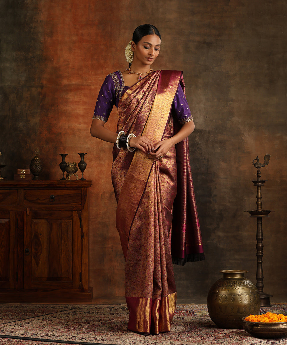 Wine_Handloom_Pure_Silk_Brocade_Kanjivaram_Saree_With_Zari_WeaverStory_02