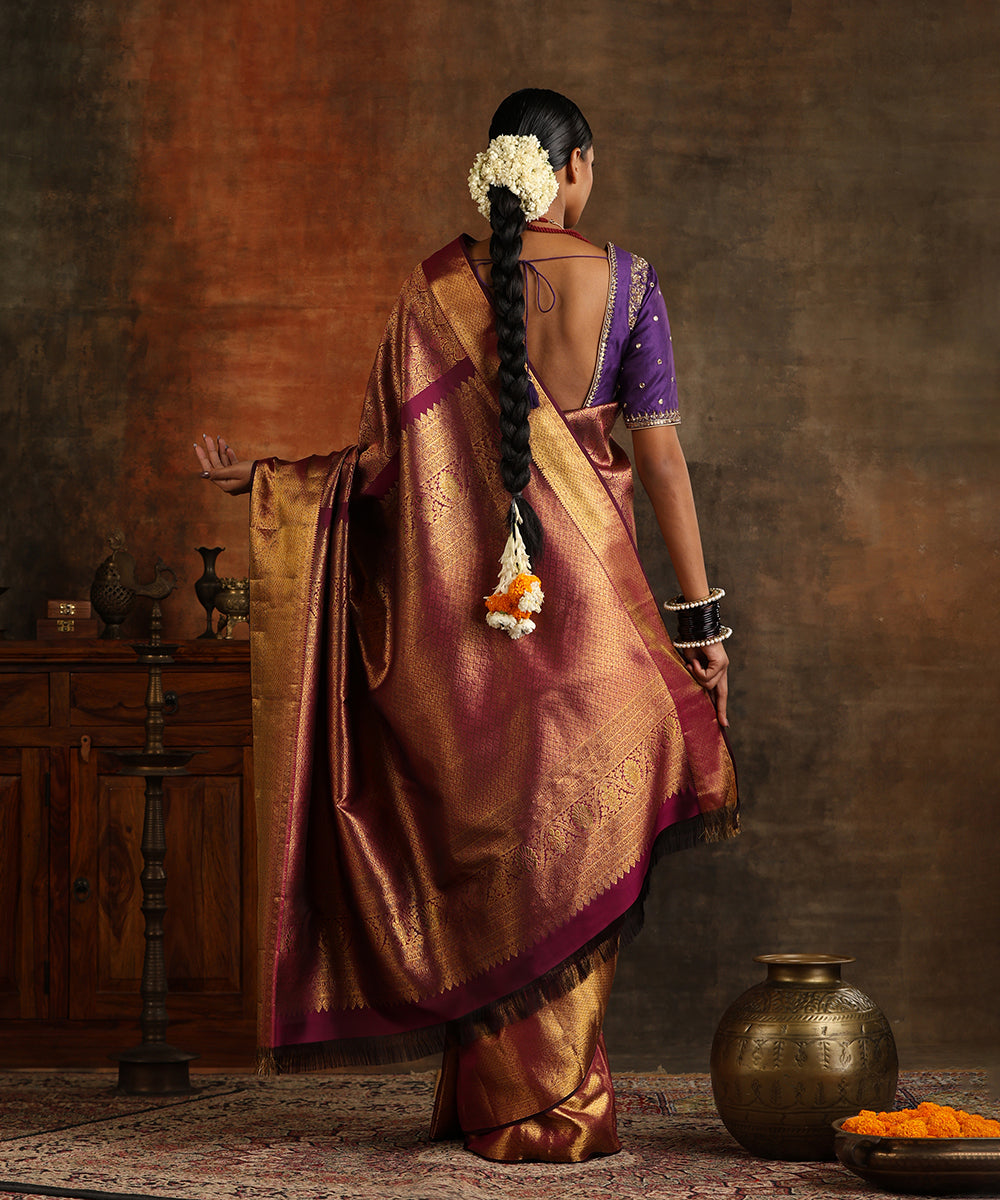 Wine_Handloom_Pure_Silk_Brocade_Kanjivaram_Saree_With_Zari_WeaverStory_03