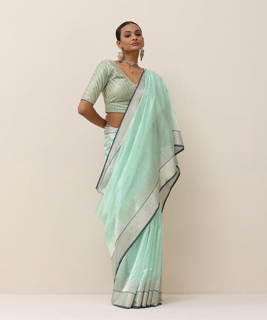 Aqua Green Handloom Pure Silk Chanderi Saree With Silver Zari Bootas