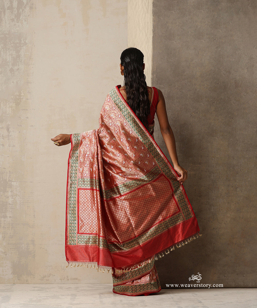 Ahilya — Red Handloom Real Zari Banarasi Kimkhab Saree in Pure Katan Silk