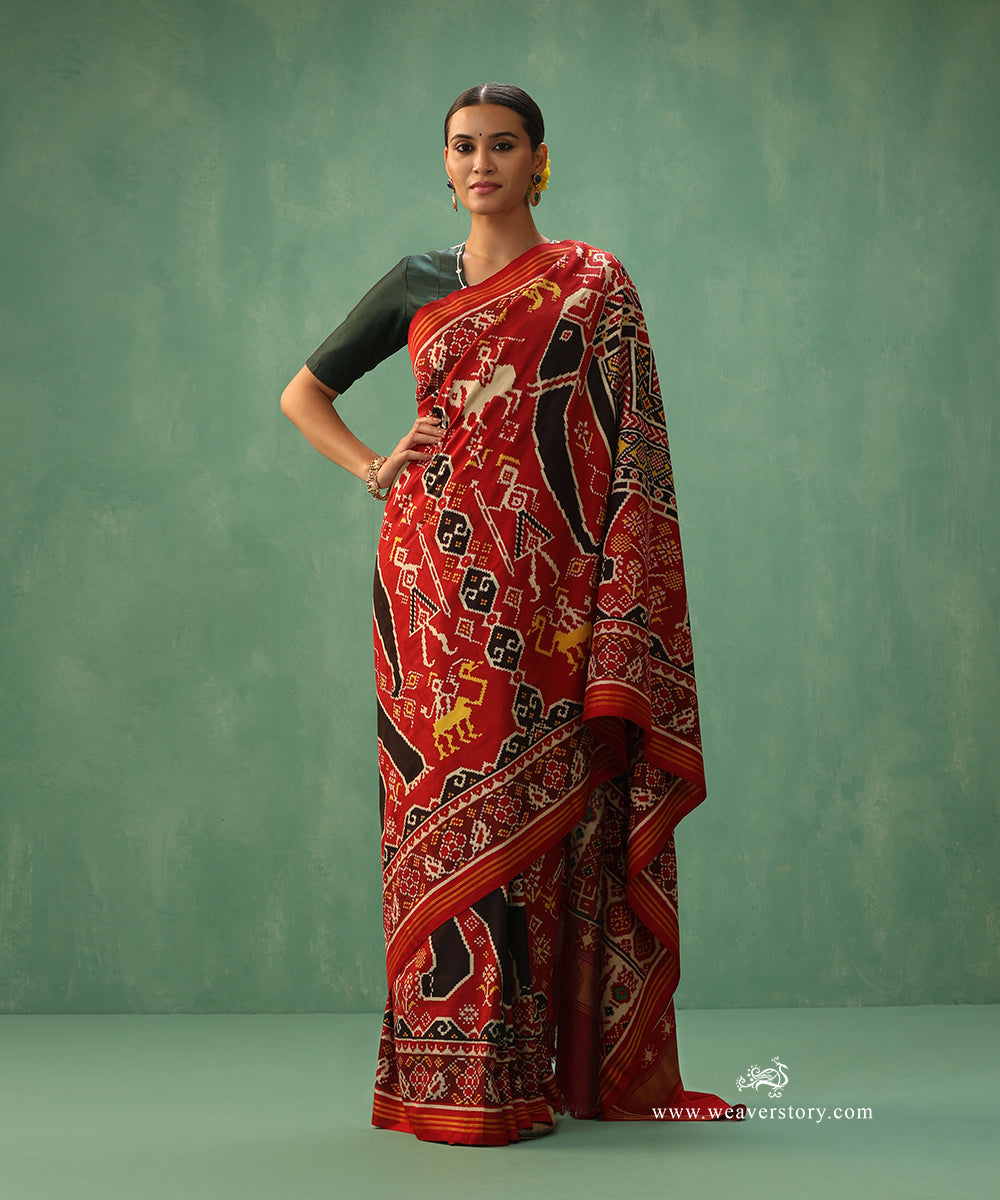 Handloom_Red_Natural_Dye_Pure_Mulberry_Silk_Patan_Patola_Saree_With_Big_Elephant_Motifs_WeaverStory_02