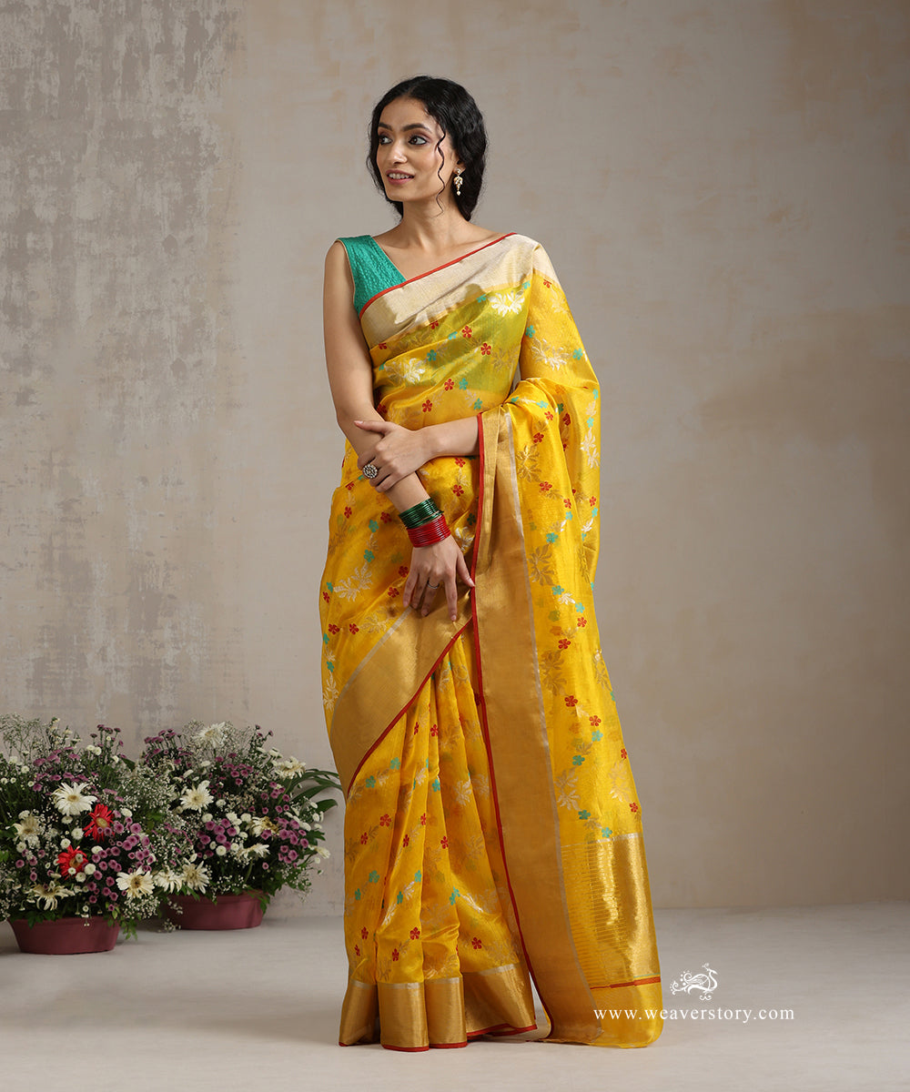 Yellow_Handloom_Pure_Silk_Chanderi_Saree_With_Floral_Meena_Jaal_WeaverStory_02