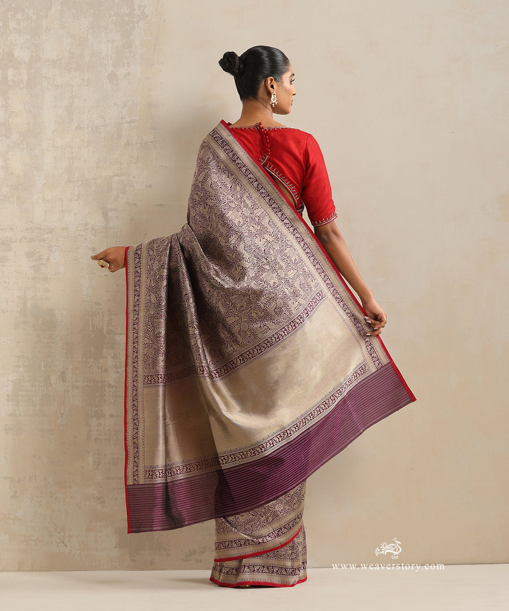 Purple_Handloom_Pure_Katan_Silk_Kimkhab_Shikargah_Banarasi_Saree_With_Pink_Selvedge_WeaverStory_03