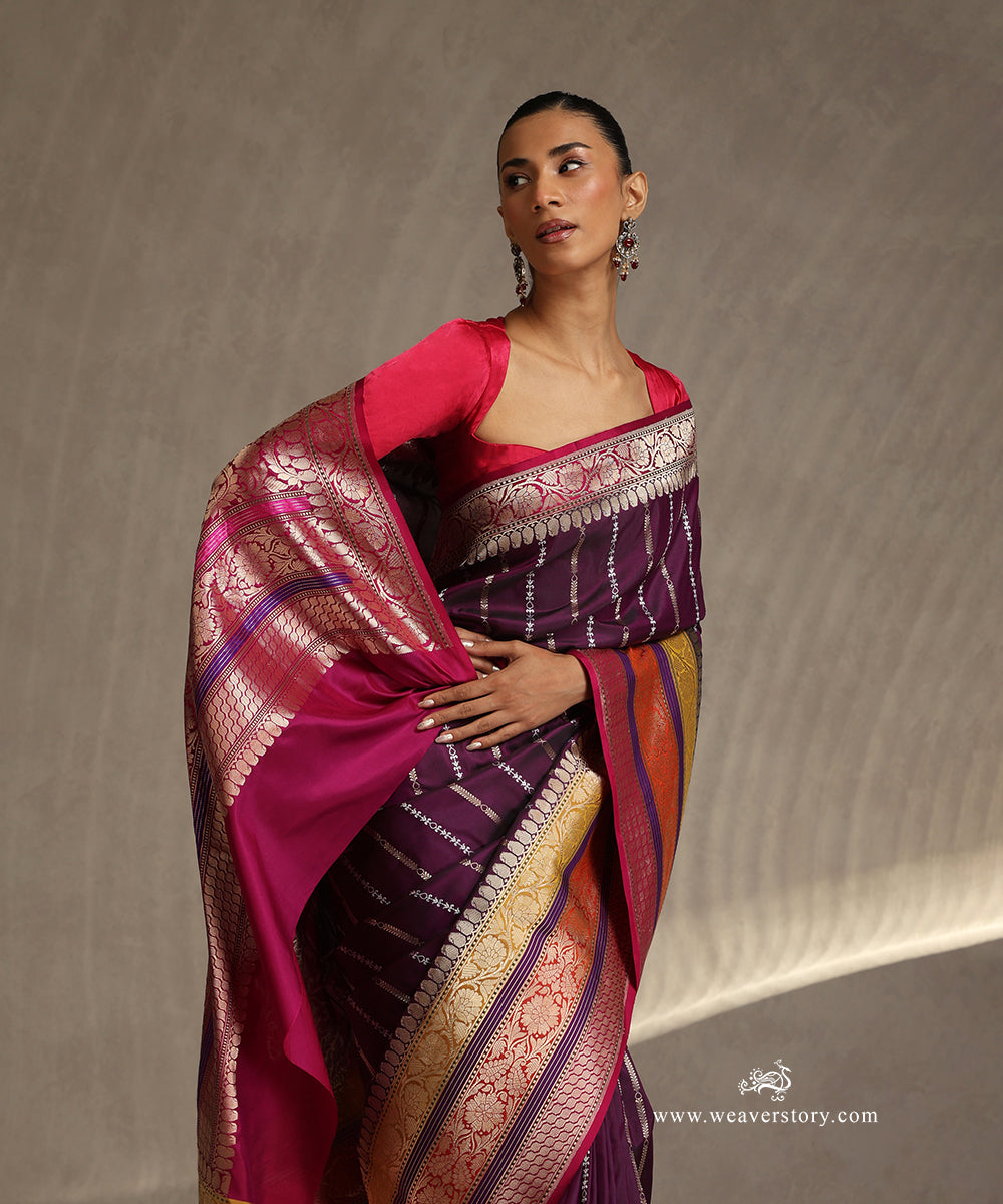 Purple_Handloom_Pure_Katan_Silk_Banarasi_Saree_With_Gold_And_Silver_Stripes_Bel_And_Big_Meenakari_Border_WeaverStory_01