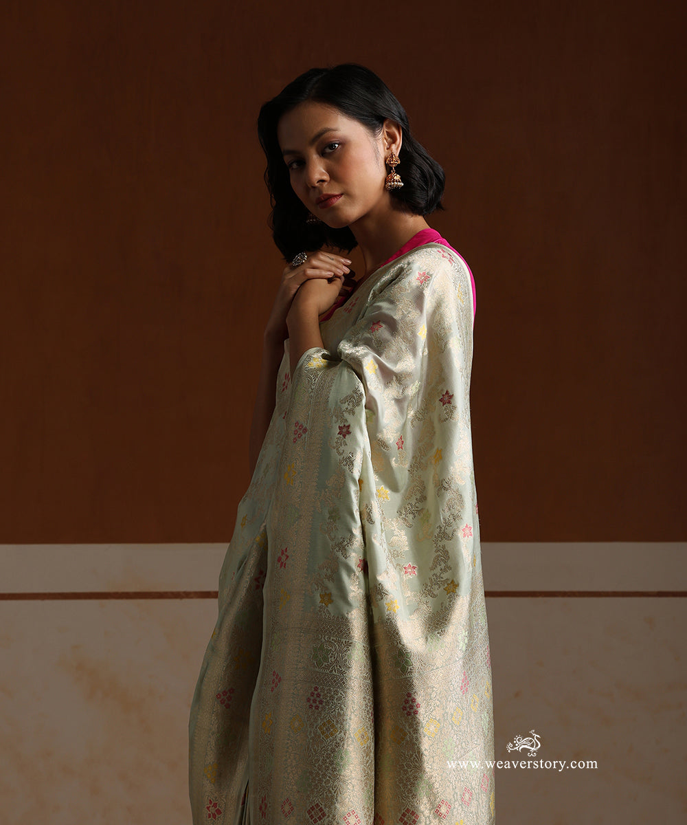 Pista_Handloom_Pure_Katan_Silk_Banarasi_Cutwork_Saree_With_Meenakari_Floral_Jaal_WeaverStory_02