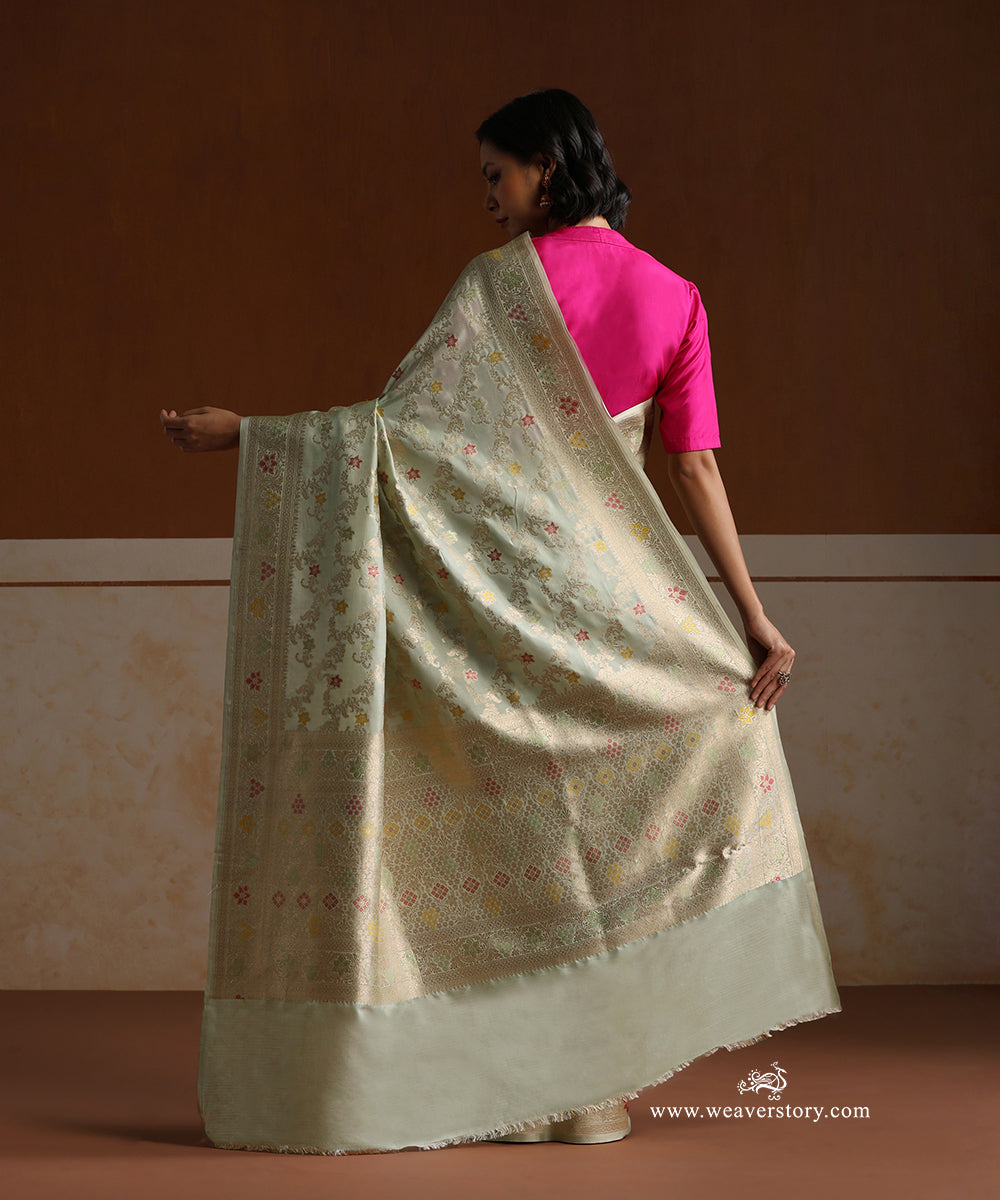 Pista_Handloom_Pure_Katan_Silk_Banarasi_Cutwork_Saree_With_Meenakari_Floral_Jaal_WeaverStory_04