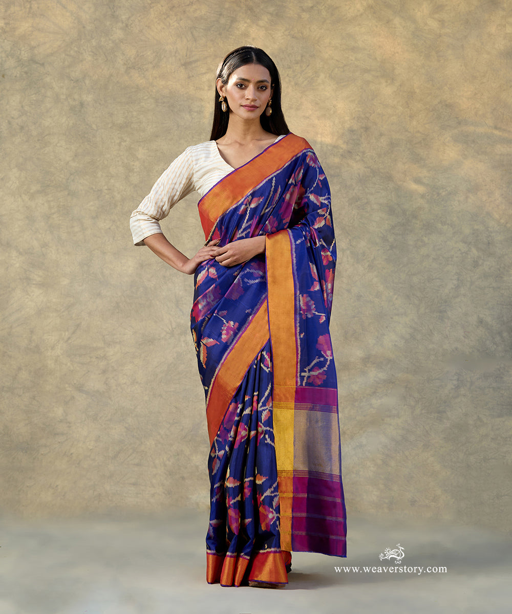 Blue_Handloom_Pure_Mulberry_Silk_Ikat_Patola_Saree_With_Plum_Pallu_And_Gold_Zari_Border_WeaverStory_01