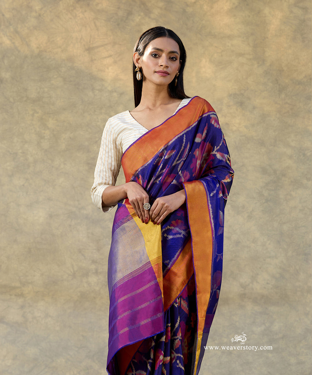 Blue_Handloom_Pure_Mulberry_Silk_Ikat_Patola_Saree_With_Plum_Pallu_And_Gold_Zari_Border_WeaverStory_02