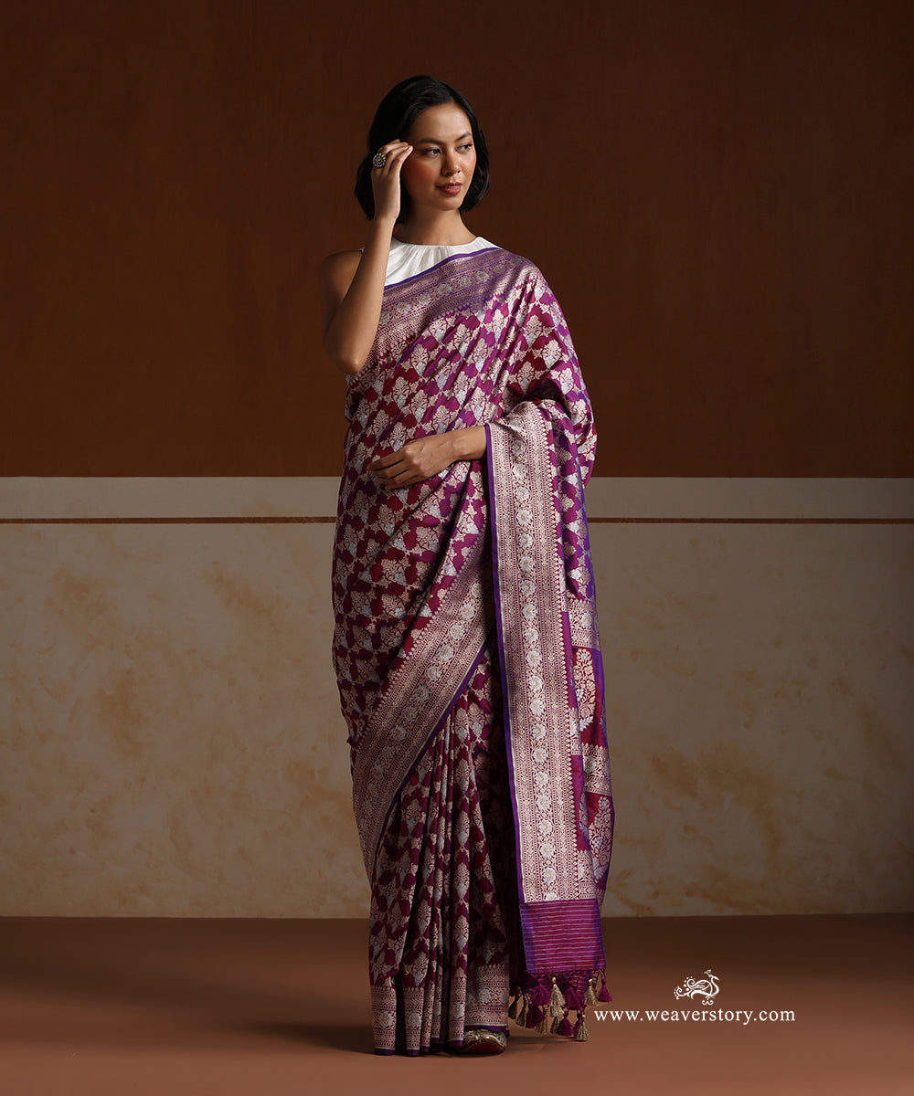 Handloom_Purple_Pure_Katan_Silk_Cutwork_Banarasi_Saree_With_Gold_Silver_Floral_Jaal_WeaverStory_02