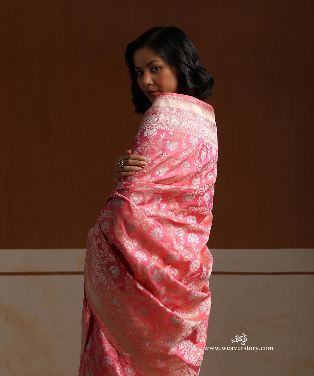 Handloom_Neon_Pink_Pure_Katan_Silk_Cutwork_Banarasi_Saree_With_Gold_Silver_Floral_Jaal_WeaverStory_02