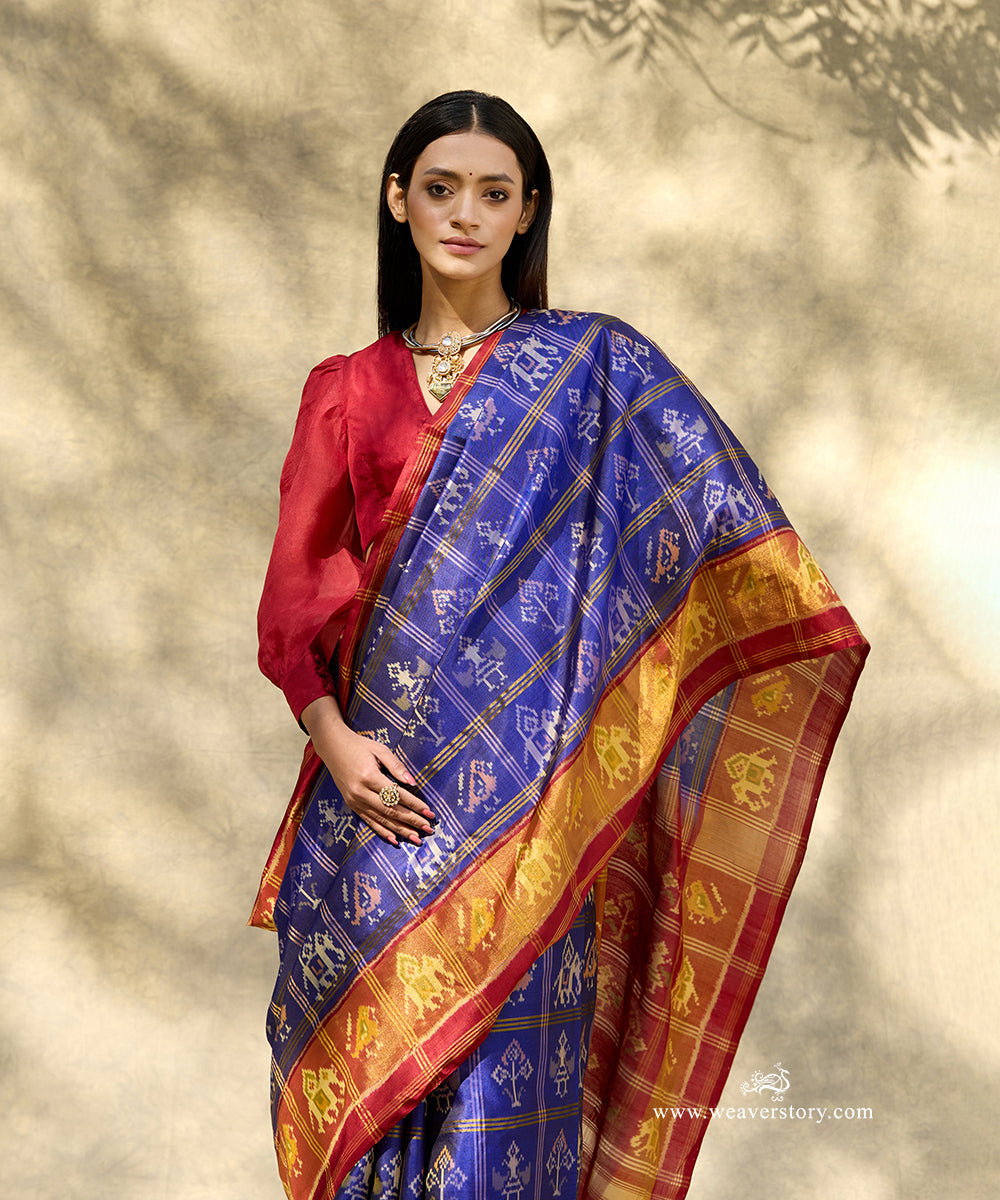 Ink_Blue_Handloom_Pure_Pure_Mulberry_Silk_Ikat_Patola_Saree_With_Maroon_Border_Pallu_With_Hathi_Popat_Motifs_WeaverStory_02