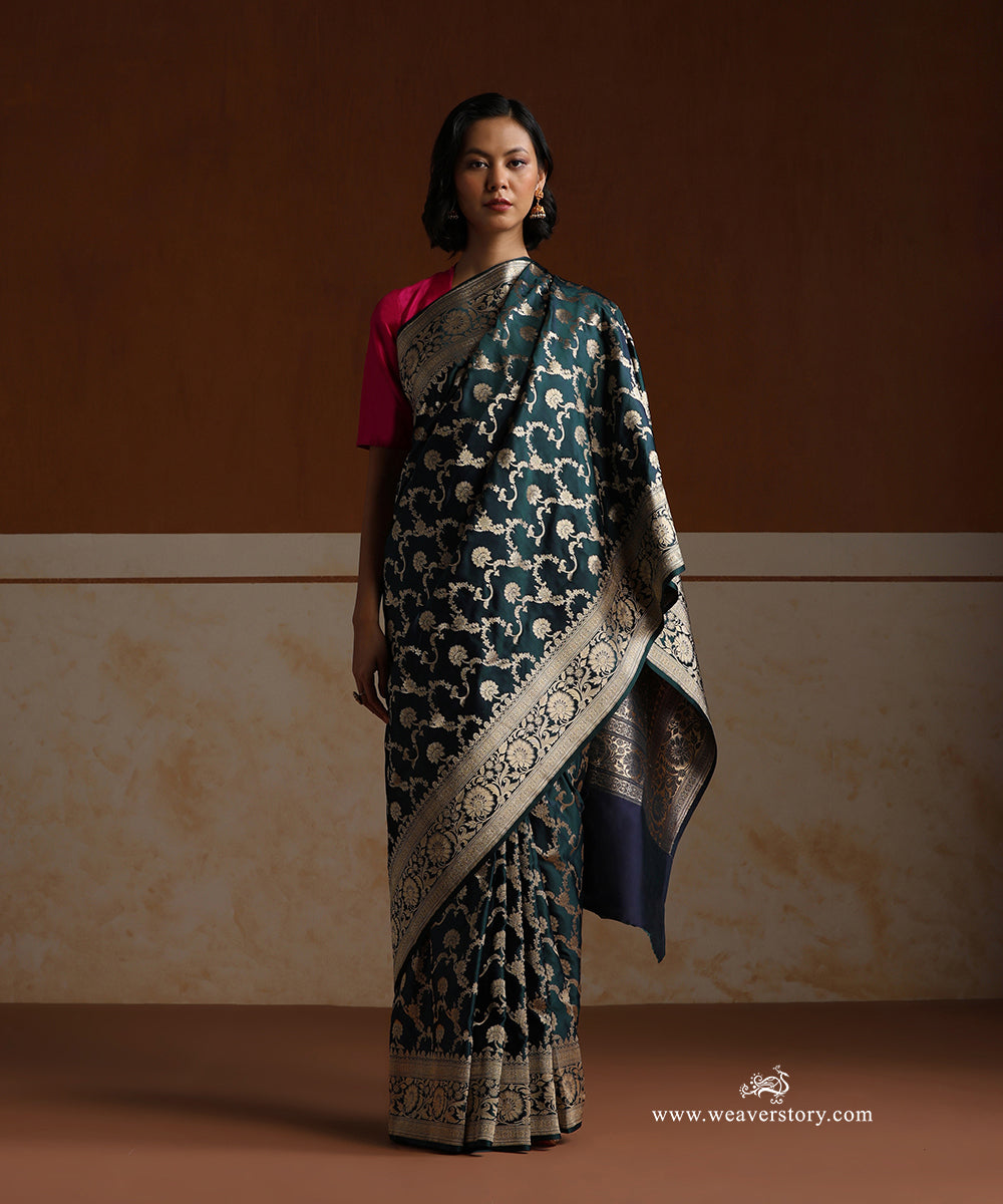Teal_Handloom_Pure_Satin_Silk_Banarasi_Saree_With_All_Over_Cutwork_Floral_Jaal_WeaverStory_01