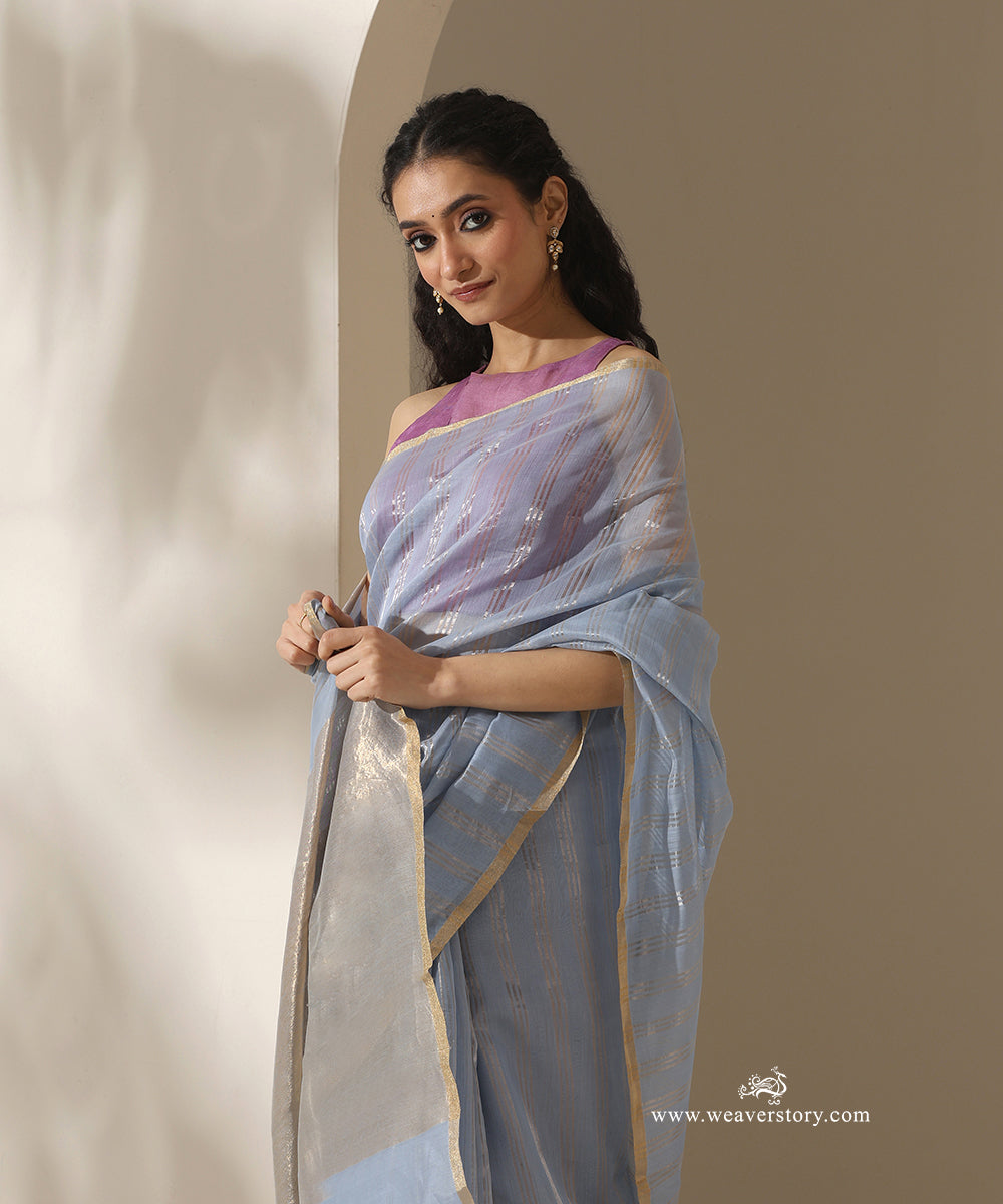 Ice_Blue_Handloom_Pure_Cotton_Chanderi_Saree_With_Silver_Zari_Lines_WeaverStory_02